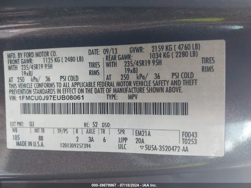 2014 Ford Escape Titanium VIN: 1FMCU0J97EUB08061 Lot: 39879967