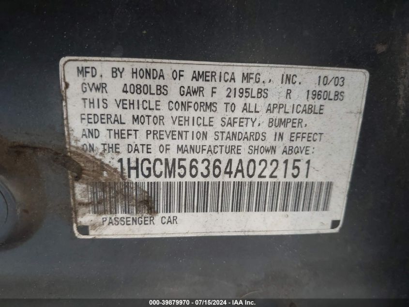 2004 Honda Accord 2.4 Lx VIN: 1HGCM56364A022151 Lot: 39879970