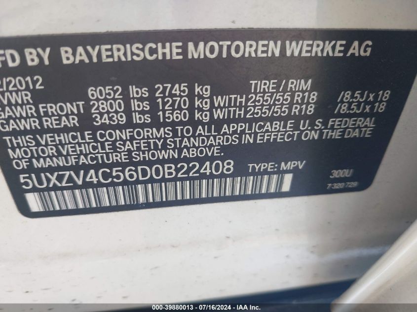 2013 BMW X5 xDrive35I/xDrive35I Premium/xDrive35I Sport Activity VIN: 5UXZV4C56D0B22408 Lot: 39880013