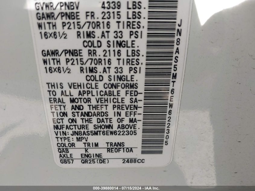 2014 Nissan Rogue Select S VIN: JN8AS5MT6EW622305 Lot: 39880014