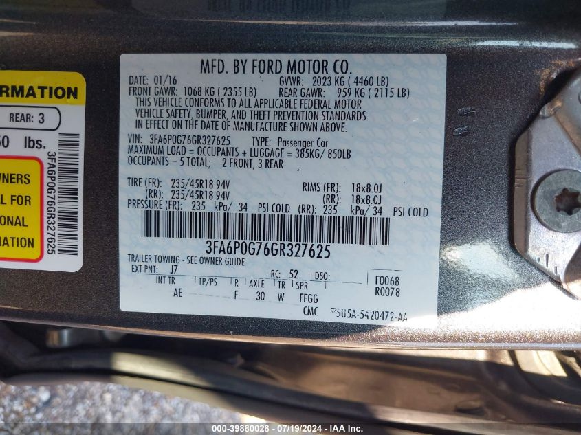 2016 Ford Fusion S VIN: 3FA6P0G76GR327625 Lot: 39880028