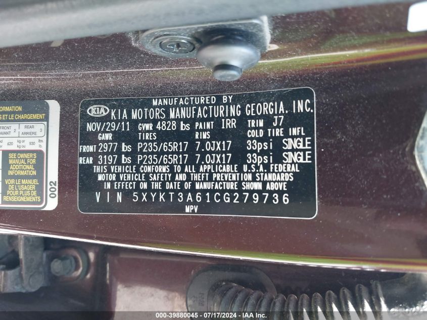 2012 Kia Sorento Lx VIN: 5XYKT3A61CG279736 Lot: 39880045
