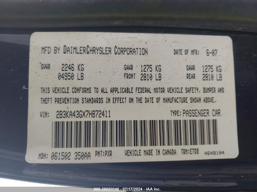 2007 Dodge Charger Se/Sxt VIN: 2B3KA43GX7H872411 Lot: 39880046