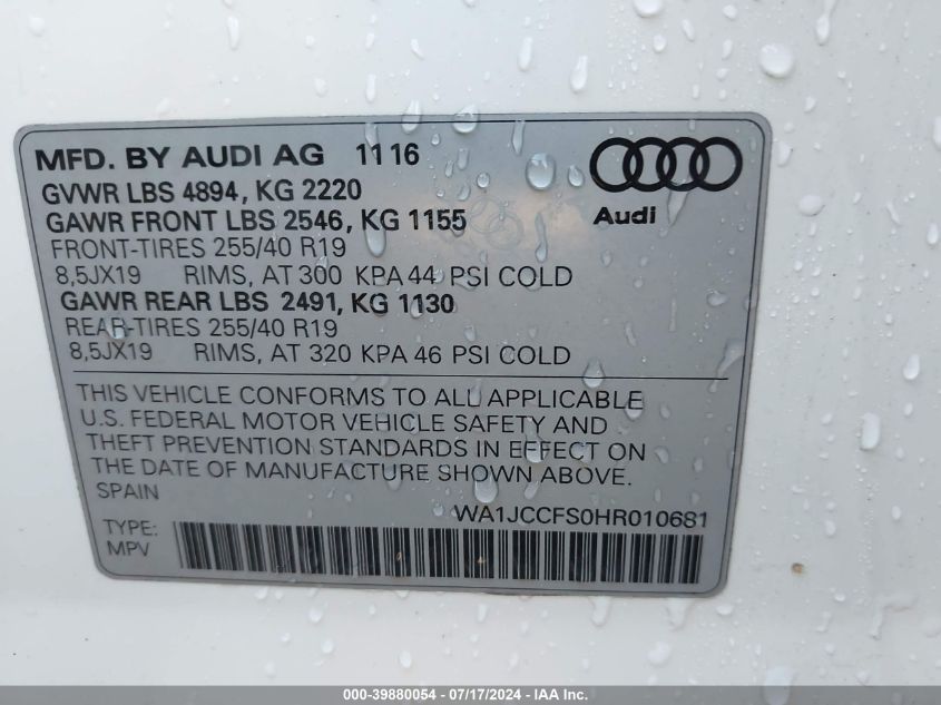 2017 Audi Q3 Premium Plus VIN: WA1JCCFS0HR010681 Lot: 39880054