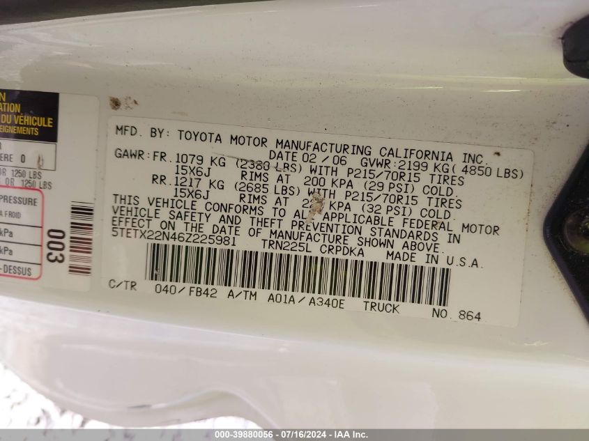 2006 Toyota Tacoma VIN: 5TETX22N46Z225981 Lot: 39880056