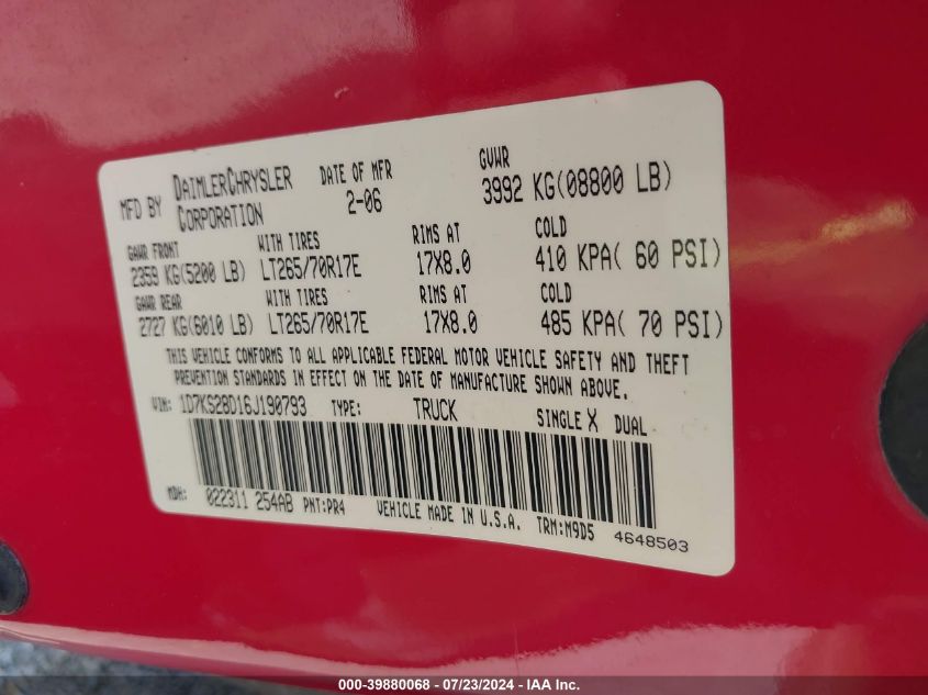 2006 Dodge Ram 2500 Slt/Sport VIN: 1D7KS28D16J190793 Lot: 39880068