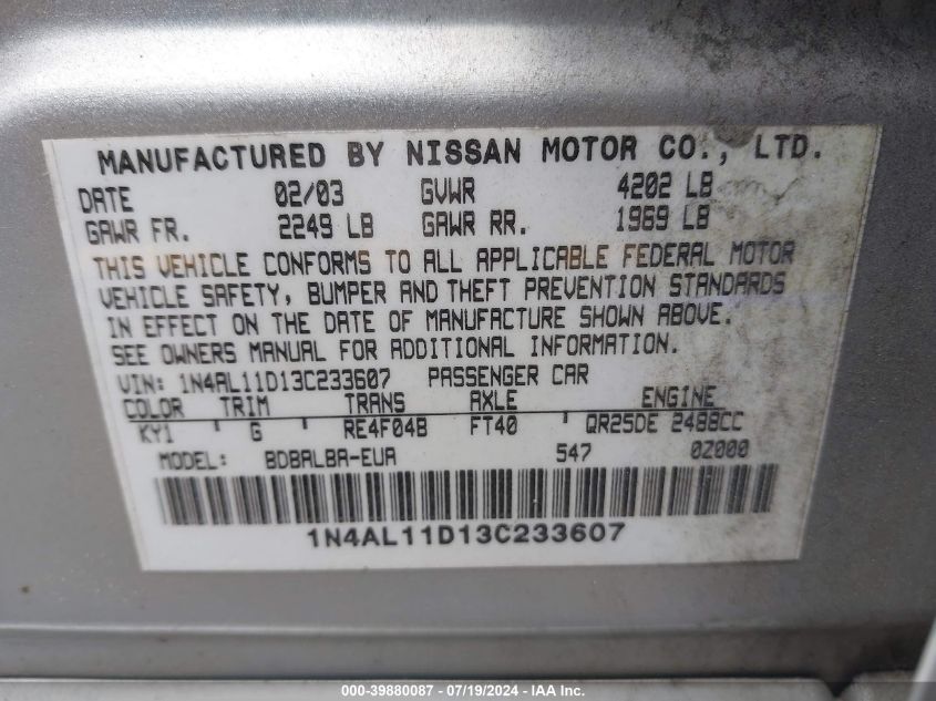2003 Nissan Altima S/Sl VIN: 1N4AL11D13C233607 Lot: 39880087
