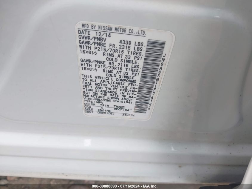 2015 Nissan Rogue Select S VIN: JN8AS5MT1FW151844 Lot: 39880090