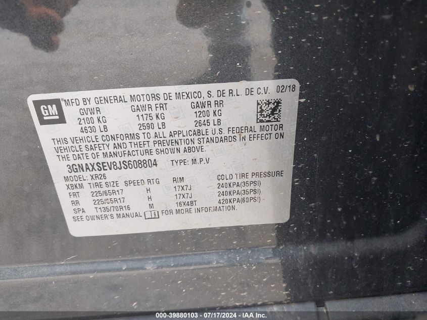 2018 Chevrolet Equinox Lt VIN: 3GNAXSEV8JS608804 Lot: 39880103