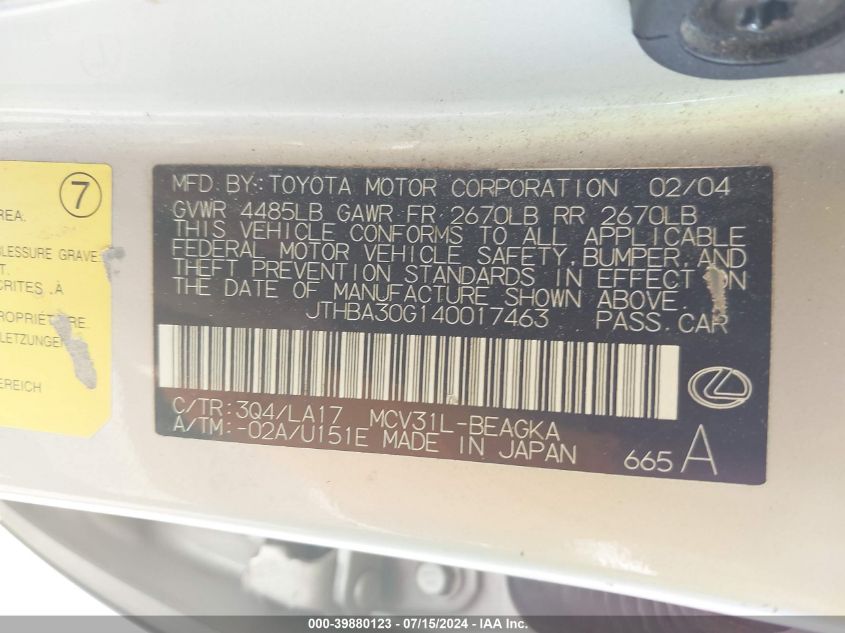 2004 Lexus Es 330 VIN: JTHBA30G140017463 Lot: 39880123