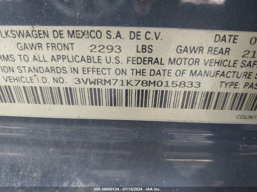 2008 Volkswagen Jetta Se/Sel VIN: 3VWRM71K78M015833 Lot: 39880124