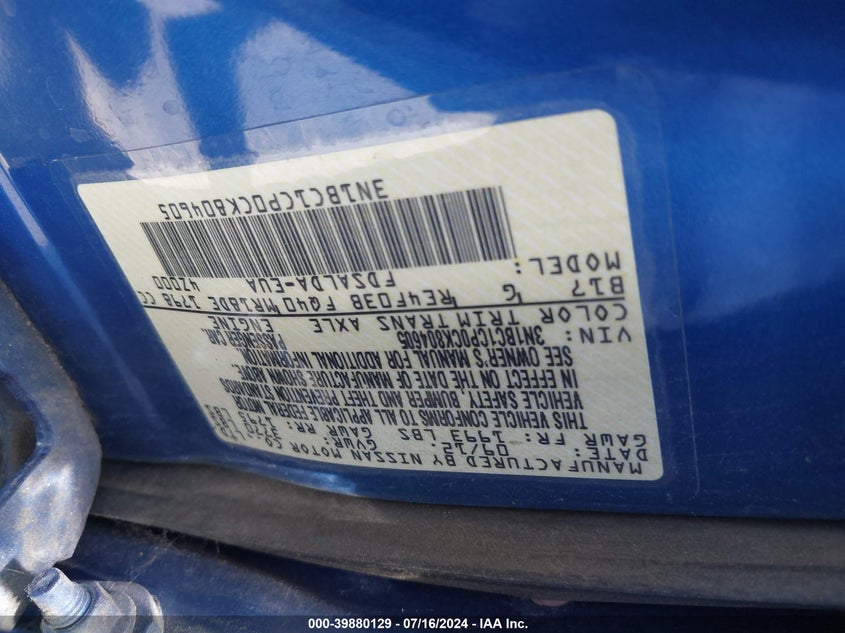 2012 Nissan Versa 1.8 S VIN: 3N1BC1CP0CK804605 Lot: 39880129