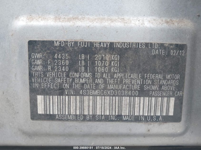 2013 Subaru Legacy 2.5I Premium VIN: 4S3BMBC6XD3038400 Lot: 39880181