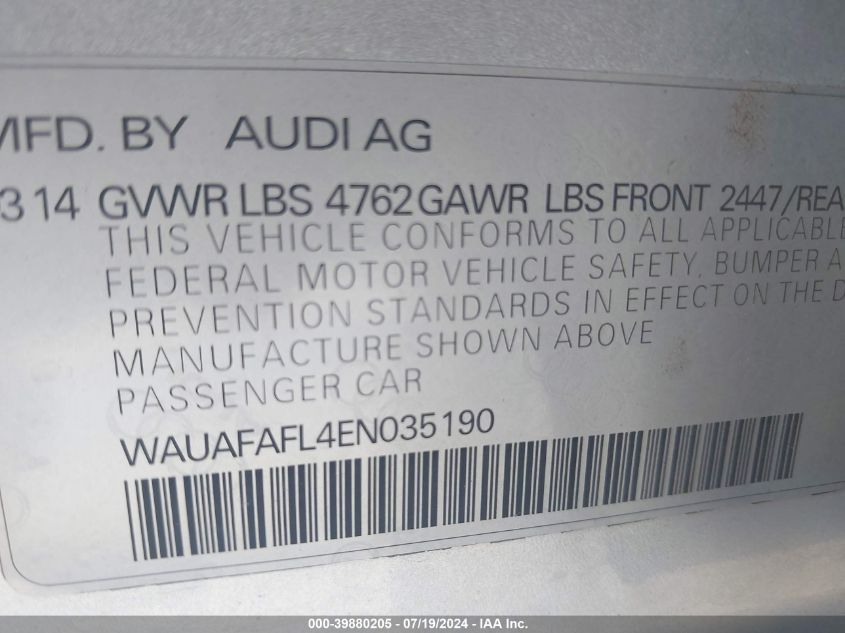 2014 Audi A4 2.0T Premium VIN: WAUAFAFL4EN035190 Lot: 39880205