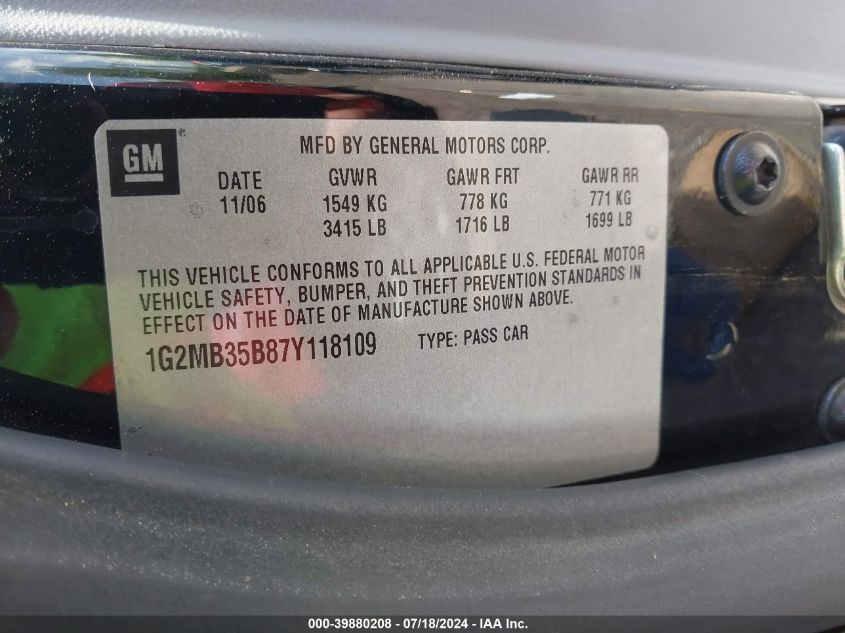 2007 Pontiac Solstice VIN: 1G2MB35B87Y118109 Lot: 39880208