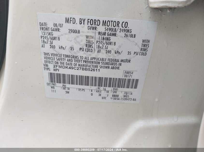 2007 Ford Edge Sel Plus VIN: 2FMDK49C27BB52611 Lot: 39880209