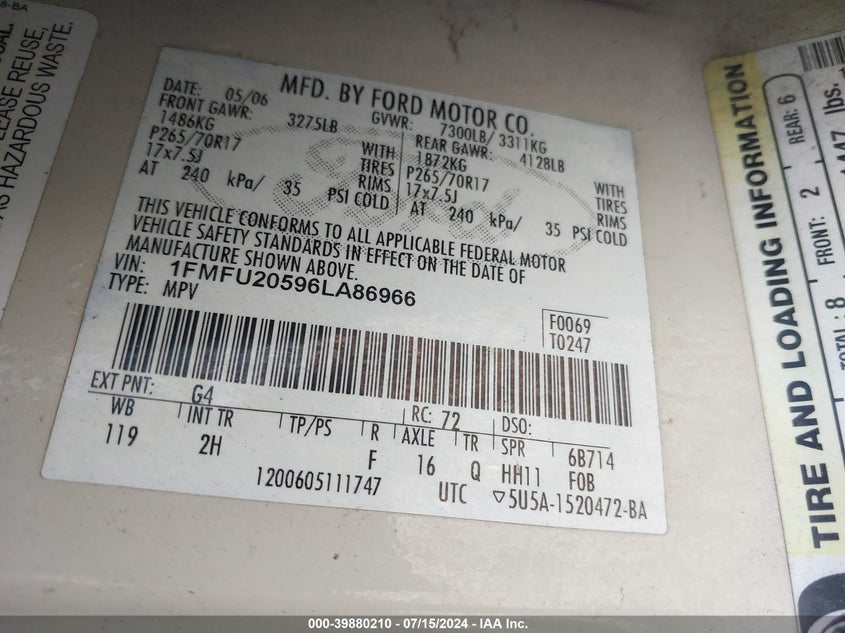 2006 Ford Expedition Limited VIN: 1FMFU20596LA86966 Lot: 39880210