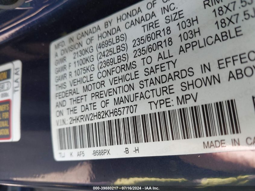 2019 Honda Cr-V Ex-L VIN: 2HKRW2H82KH657707 Lot: 39880217