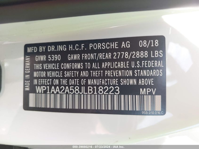 2018 Porsche Macan Sport Edition VIN: WP1AA2A58JLB18223 Lot: 39880216