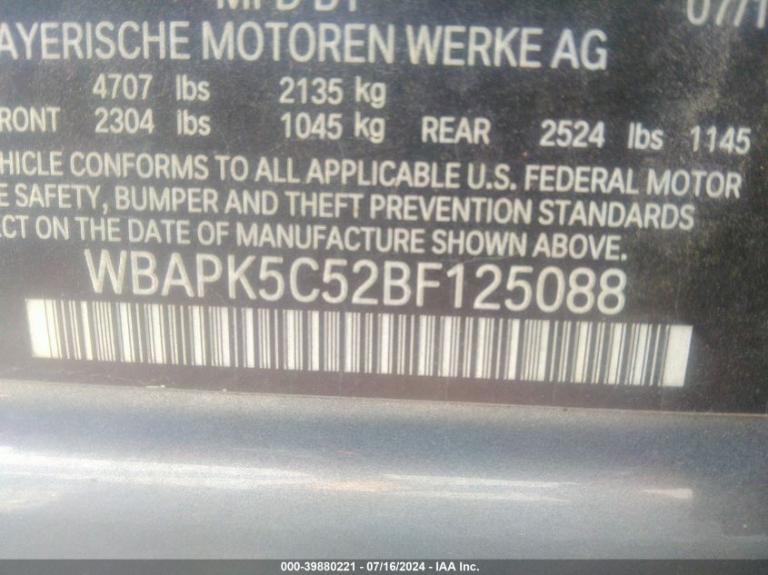 2011 BMW 328I xDrive VIN: WBAPK5C52BF125088 Lot: 39880221