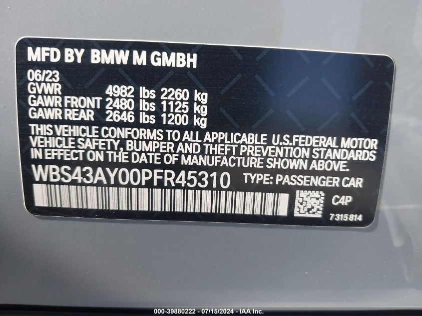 2023 BMW M3 Competition xDrive VIN: WBS43AY00PFR45310 Lot: 39880222