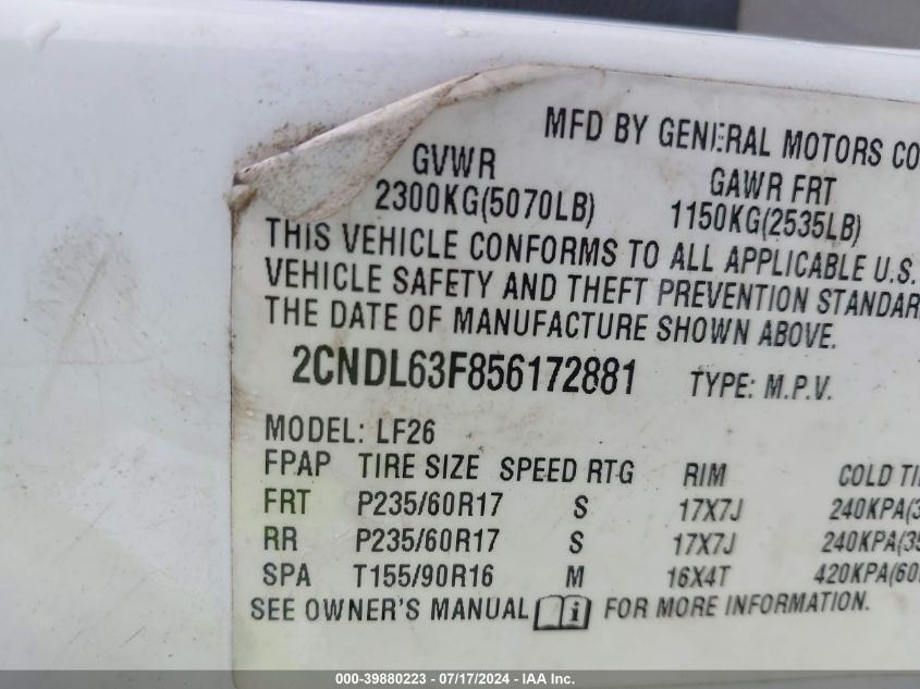 2005 Chevrolet Equinox Lt VIN: 2CNDL63F856172881 Lot: 39880223