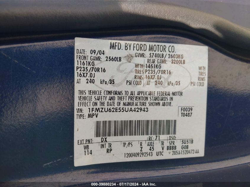 2005 Ford Explorer Xls/Xls Sport VIN: 1FMZU62E55UA42943 Lot: 39880234