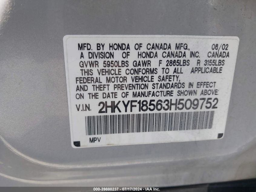 2003 Honda Pilot Ex-L VIN: 2HKYF18563H509752 Lot: 39880237