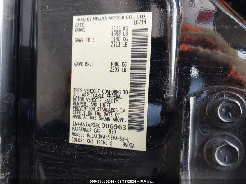 2014 Nissan Maxima 3.5 Sv VIN: 1N4AA5AP0EC906963 Lot: 39880244