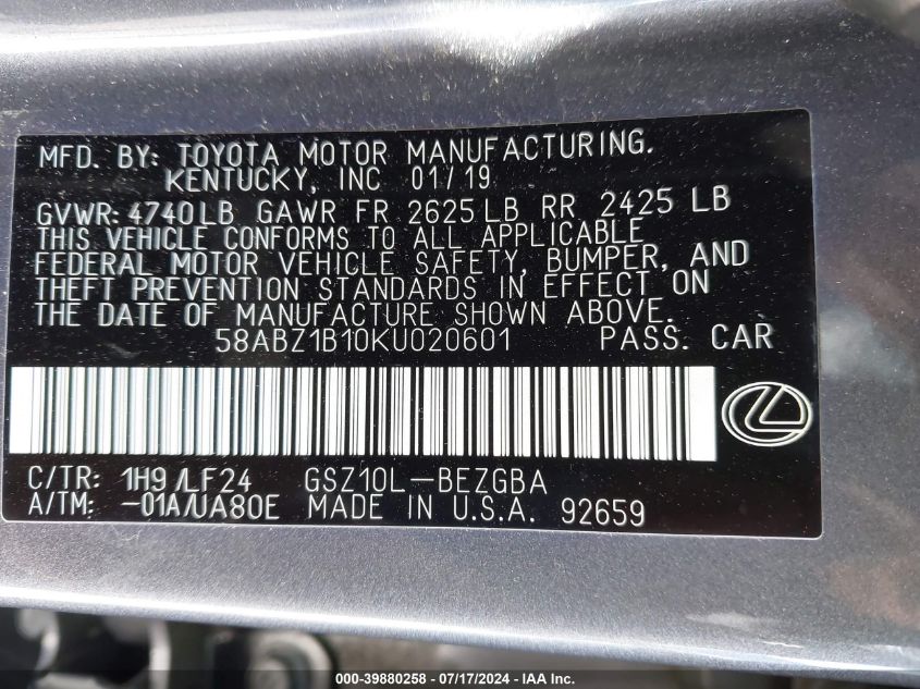 2019 LEXUS ES 350 F SPORT - 58ABZ1B10KU020601