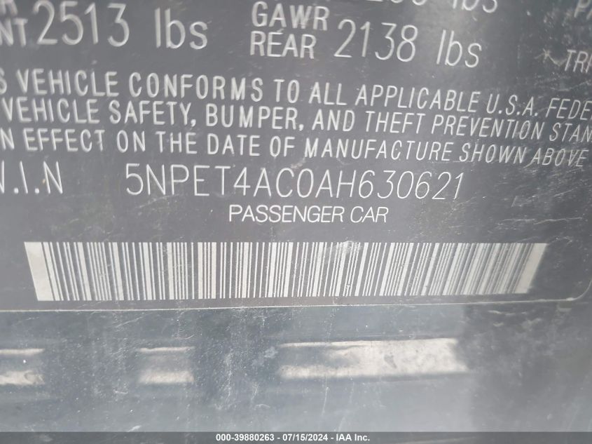 2010 Hyundai Sonata Gls VIN: 5NPET4AC0AH630621 Lot: 39880263