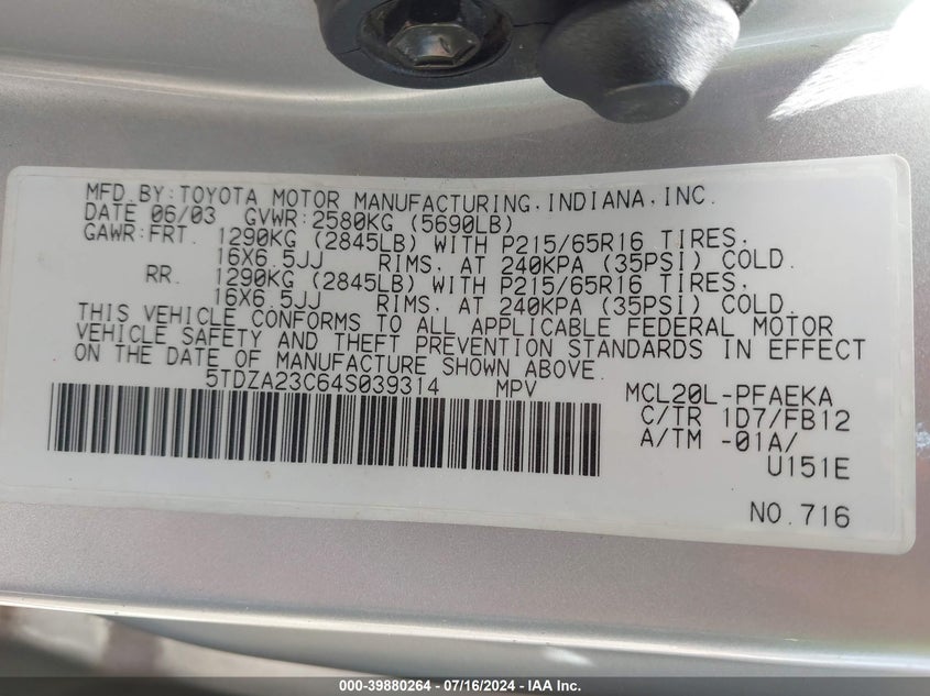 2004 Toyota Sienna Le VIN: 5TDZA23C64S039314 Lot: 39880264