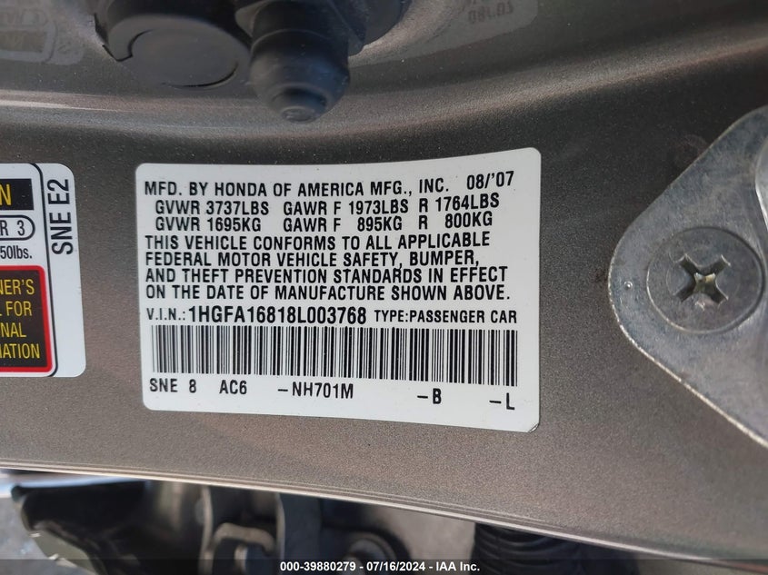 2008 Honda Civic Ex VIN: 1HGFA16818L003768 Lot: 39880279