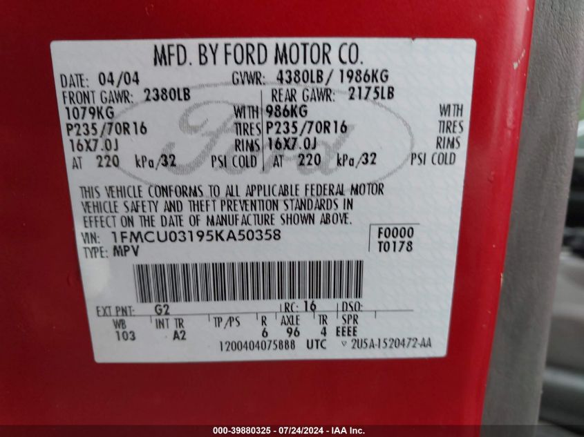 2005 Ford Escape Xlt VIN: 1FMCU03195KA50358 Lot: 39880325