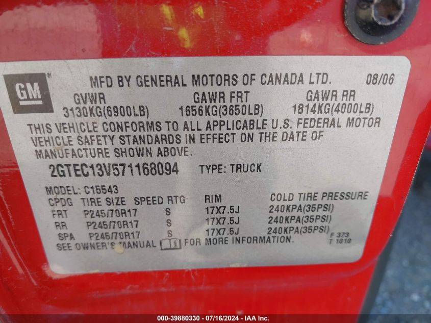 2007 GMC Sierra 1500 Classic C1500 Classic VIN: 2GTEC13V571168094 Lot: 39880330