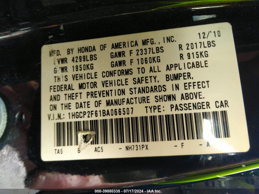 2011 Honda Accord 2.4 Se VIN: 1HGCP2F61BA066507 Lot: 39880335