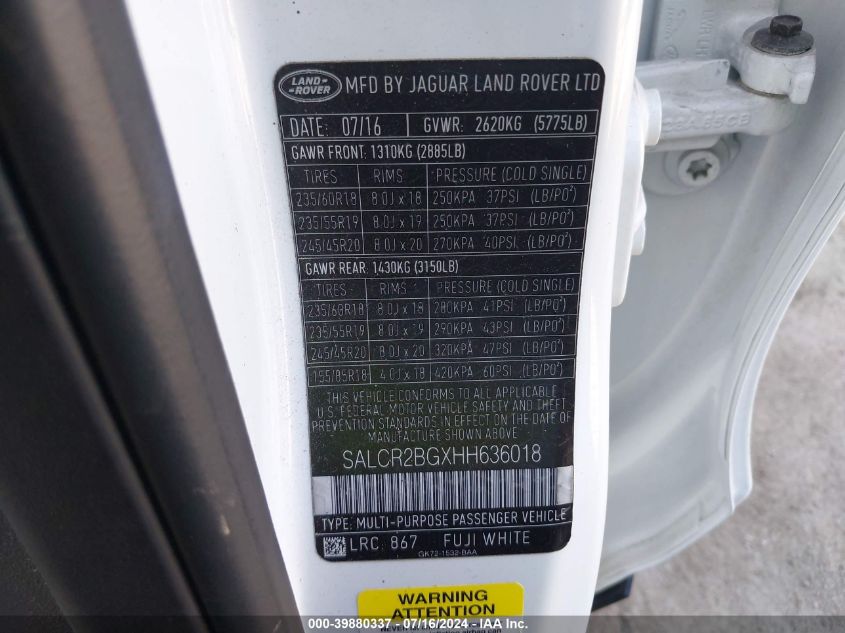 2017 Land Rover Discovery Sport Hse VIN: SALCR2BGXHH636018 Lot: 39880337