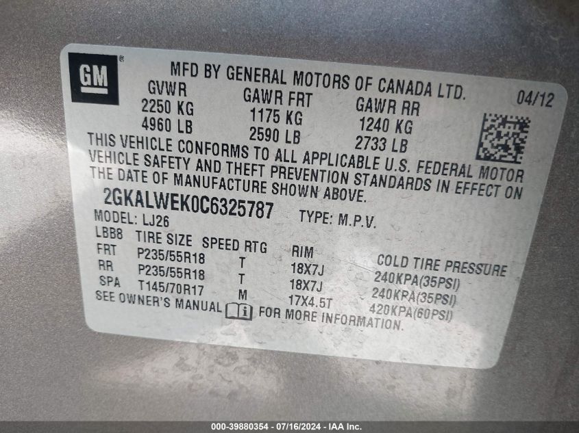 2012 GMC Terrain Slt-2 VIN: 2GKALWEK0C6325787 Lot: 39880354