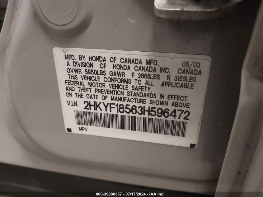 2003 Honda Pilot Ex-L VIN: 2HKYF18563H596472 Lot: 39880357