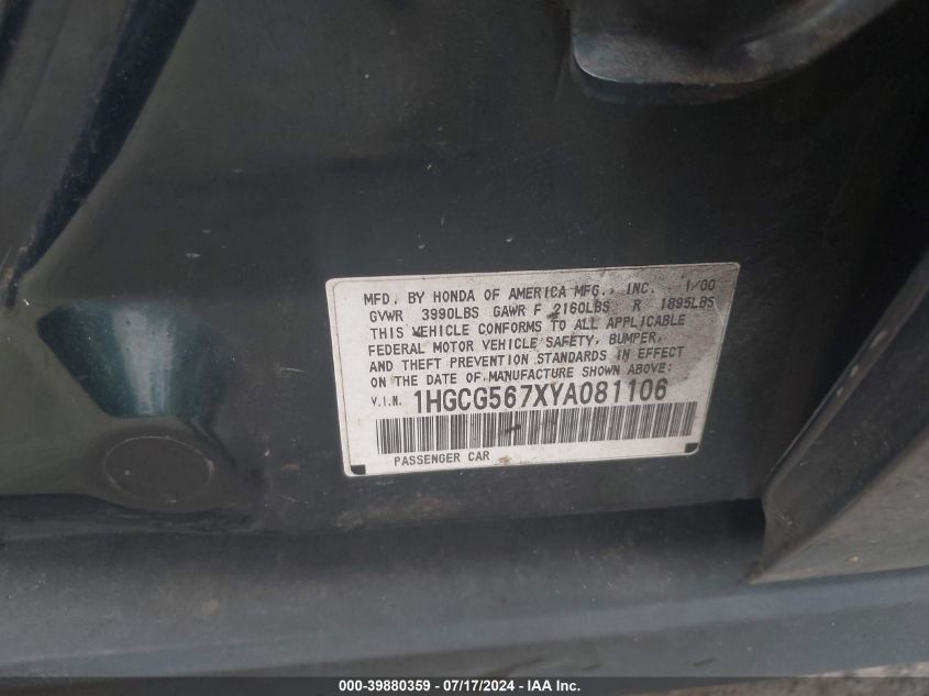 2000 Honda Accord Se VIN: 1HGCG567XYA081106 Lot: 39880359