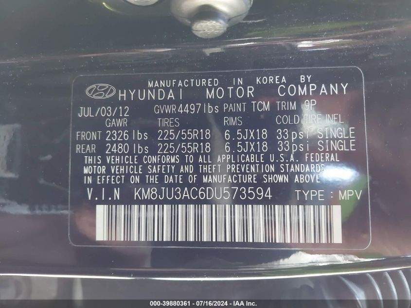 0KM8JU3AC6DU57359 2013 Hyundai Tucson Gls/Limited