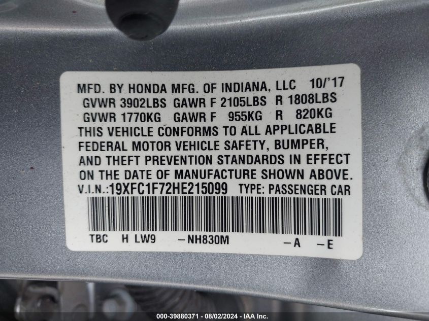 2017 Honda Civic Ex-L VIN: 19XFC1F72HE215099 Lot: 39880371