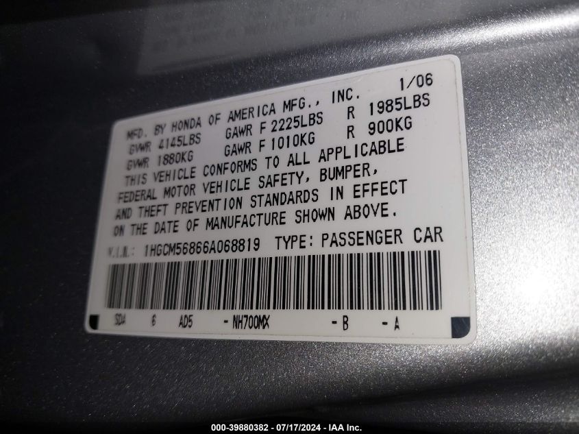 2006 Honda Accord Ex VIN: 1HGCM56866A068819 Lot: 39880382