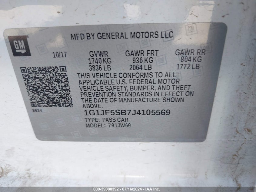 2018 Chevrolet Sonic Premier Auto VIN: 1G1JF5SB7J4105569 Lot: 39880392