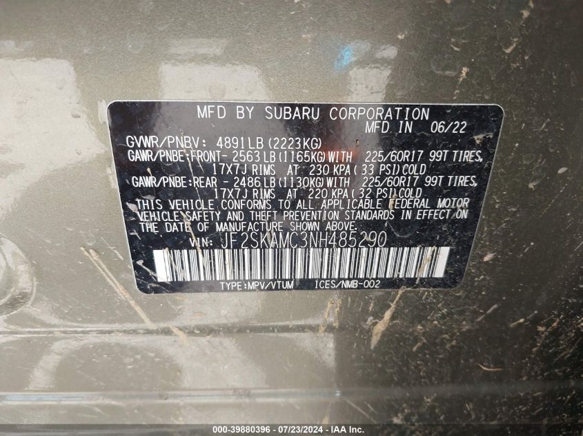 2022 Subaru Forester Wilderness VIN: JF2SKAMC3NH485290 Lot: 39880396