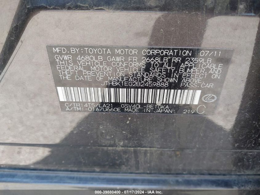 2011 Lexus Es 350 VIN: JTHBK1EG2B2459888 Lot: 39880400