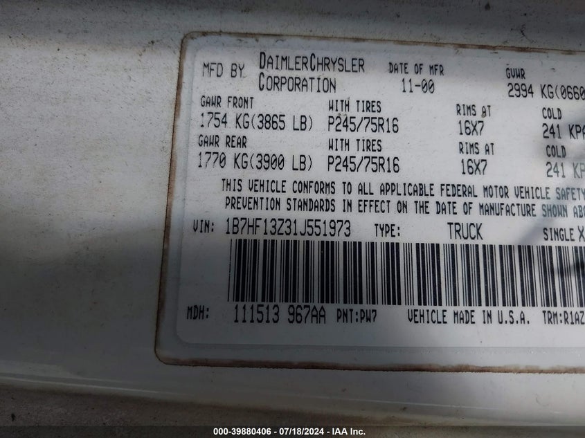 2001 Dodge Ram 1500 St VIN: 1B7HF13Z31J551973 Lot: 39880406