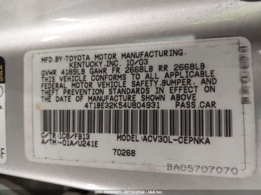 2004 Toyota Camry Le VIN: 4T1BE32K54U804931 Lot: 39880421