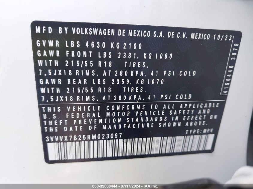 2024 Volkswagen Taos 1.5T Se VIN: 3VVVX7B25RM023097 Lot: 39880444