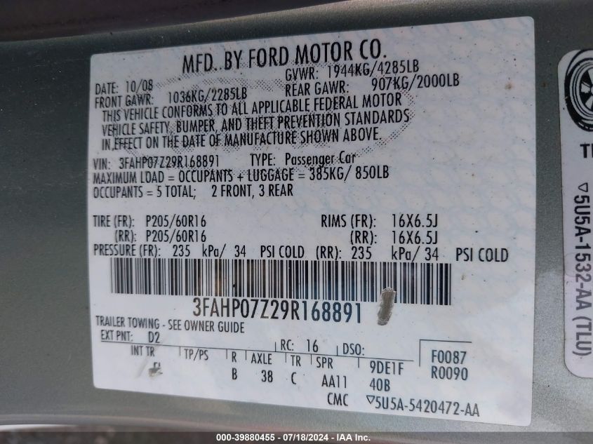 2009 Ford Fusion Se VIN: 3FAHP07Z29R168891 Lot: 39880455